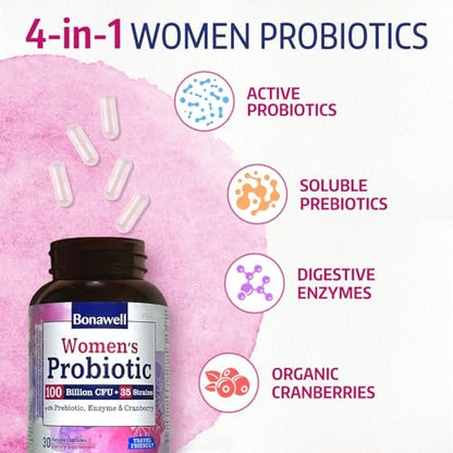 Bonawell Probiotika für Frauen 100B, mit Präbiotika, Verdauungsenzymen, Bio-Cranberry, Lagerstabil, 30 vegane Kapseln