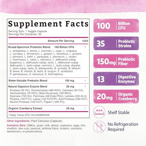 Bonawell Probiotika für Frauen 100B, mit Präbiotika, Verdauungsenzymen, Bio-Cranberry, Lagerstabil, 30 vegane Kapseln