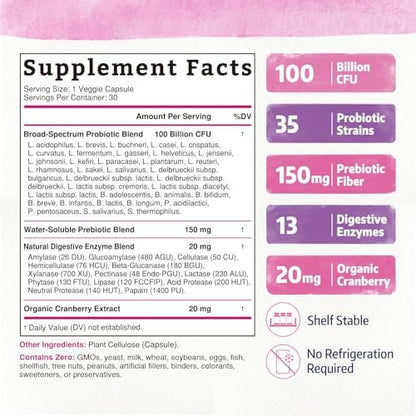 Bonawell Probiotika für Frauen 100B, mit Präbiotika, Verdauungsenzymen, Bio-Cranberry, Lagerstabil, 30 vegane Kapseln
