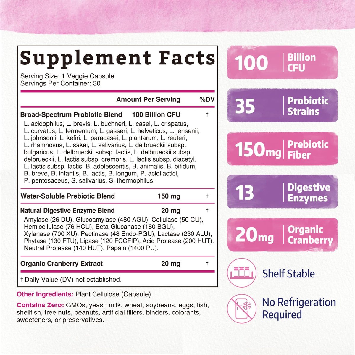 Bonawell Probiotika für Frauen 100B, mit Präbiotika, Verdauungsenzymen, Bio-Cranberry, Lagerstabil, 30 vegane Kapseln