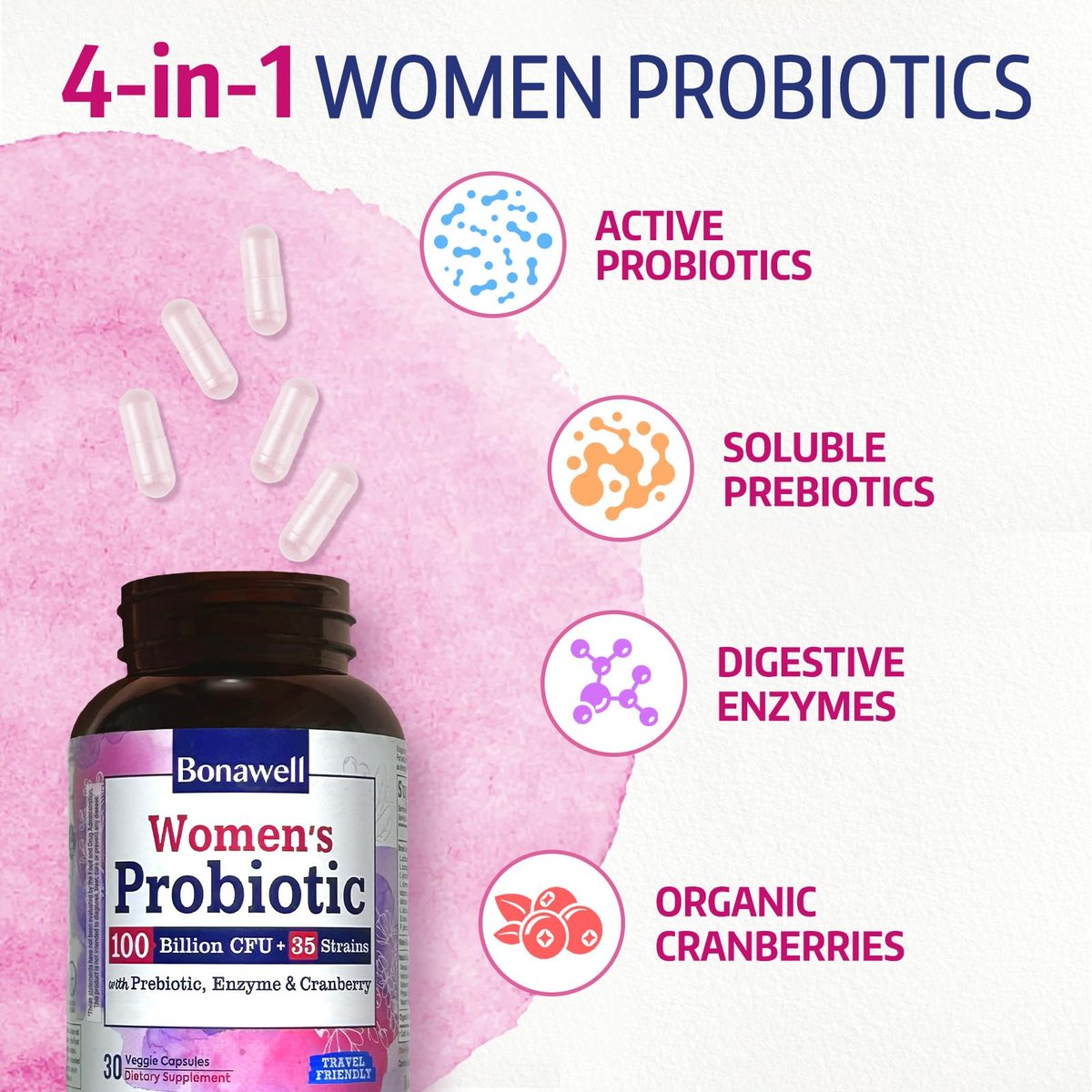 Bonawell Probiotika für Frauen 100B, mit Präbiotika, Verdauungsenzymen, Bio-Cranberry, Lagerstabil, 30 vegane Kapseln