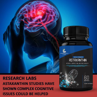 Research Labs Triple Strength Natürliches Astaxanthin 12 mg Weichkapseln + Extra Flasche Bio-Kokosöl für verbesserte Aufnahme, starkes Antioxidans, unterstützt Augen-, Gelenk- und Herzgesundheit, 120 Weichkapseln insgesamt