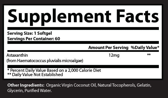 Research Labs Triple Strength Natürliches Astaxanthin 12 mg Weichkapseln + Extra Flasche Bio-Kokosöl für verbesserte Aufnahme, starkes Antioxidans, unterstützt Augen-, Gelenk- und Herzgesundheit, 120 Weichkapseln insgesamt