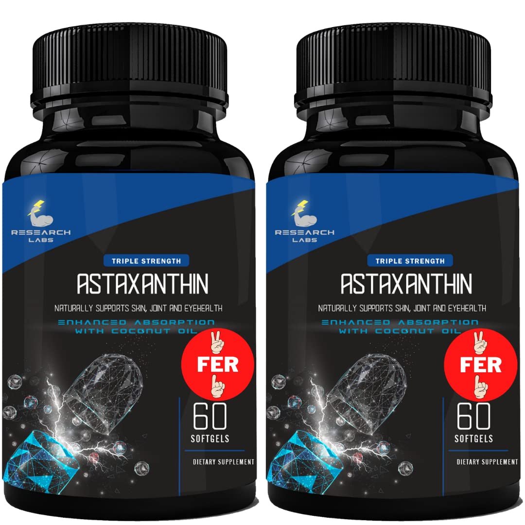 Research Labs Triple Strength Natürliches Astaxanthin 12 mg Weichkapseln + Extra Flasche Bio-Kokosöl für verbesserte Aufnahme, starkes Antioxidans, unterstützt Augen-, Gelenk- und Herzgesundheit, 120 Weichkapseln insgesamt