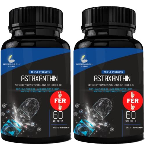 Research Labs Triple Strength Natürliches Astaxanthin 12 mg Weichkapseln + Extra Flasche Bio-Kokosöl für verbesserte Aufnahme, starkes Antioxidans, unterstützt Augen-, Gelenk- und Herzgesundheit, 120 Weichkapseln insgesamt
