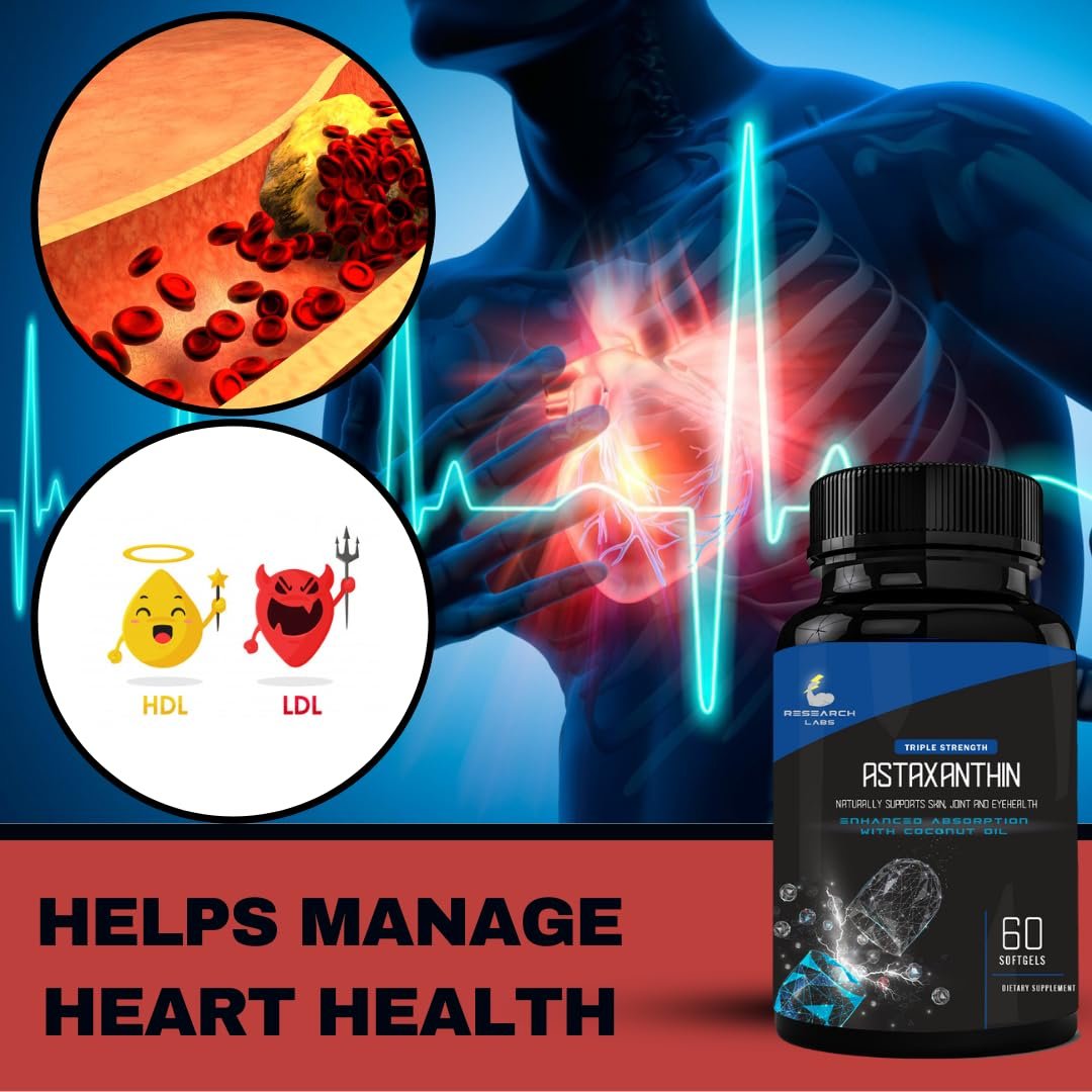 Research Labs Triple Strength Natürliches Astaxanthin 12 mg Weichkapseln + Extra Flasche Bio-Kokosöl für verbesserte Aufnahme, starkes Antioxidans, unterstützt Augen-, Gelenk- und Herzgesundheit, 120 Weichkapseln insgesamt