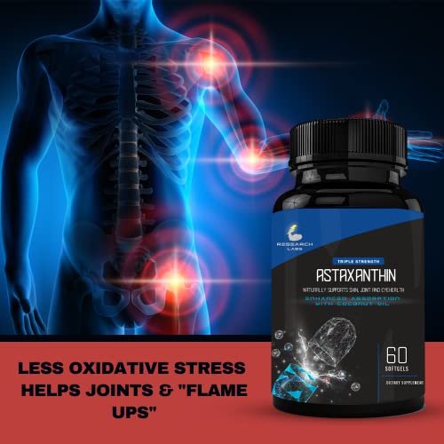 Research Labs Triple Strength Natürliches Astaxanthin 12 mg Weichkapseln + Extra Flasche Bio-Kokosöl für verbesserte Aufnahme, starkes Antioxidans, unterstützt Augen-, Gelenk- und Herzgesundheit, 120 Weichkapseln insgesamt