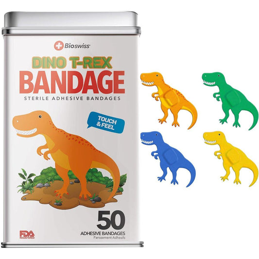 BioSwiss Pflaster, Dinosaurier-förmige selbstklebende Wundpflaster, Latexfrei, steril, 50 Stück