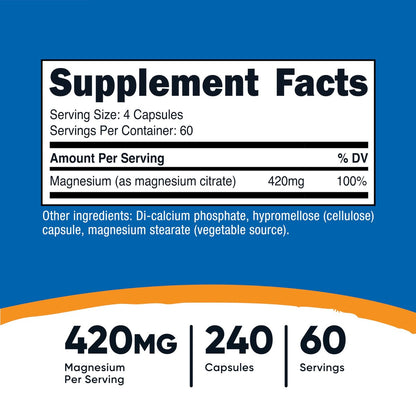 Nutricost Magnesium Citrat 420 mg – 240 vegane Kapseln, 60 Portionen, glutenfrei, Non-GMO, vegetarisch