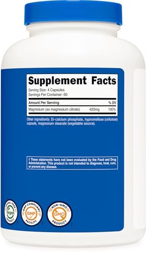 Nutricost Magnesium Citrat 420 mg – 240 vegane Kapseln, 60 Portionen, glutenfrei, Non-GMO, vegetarisch