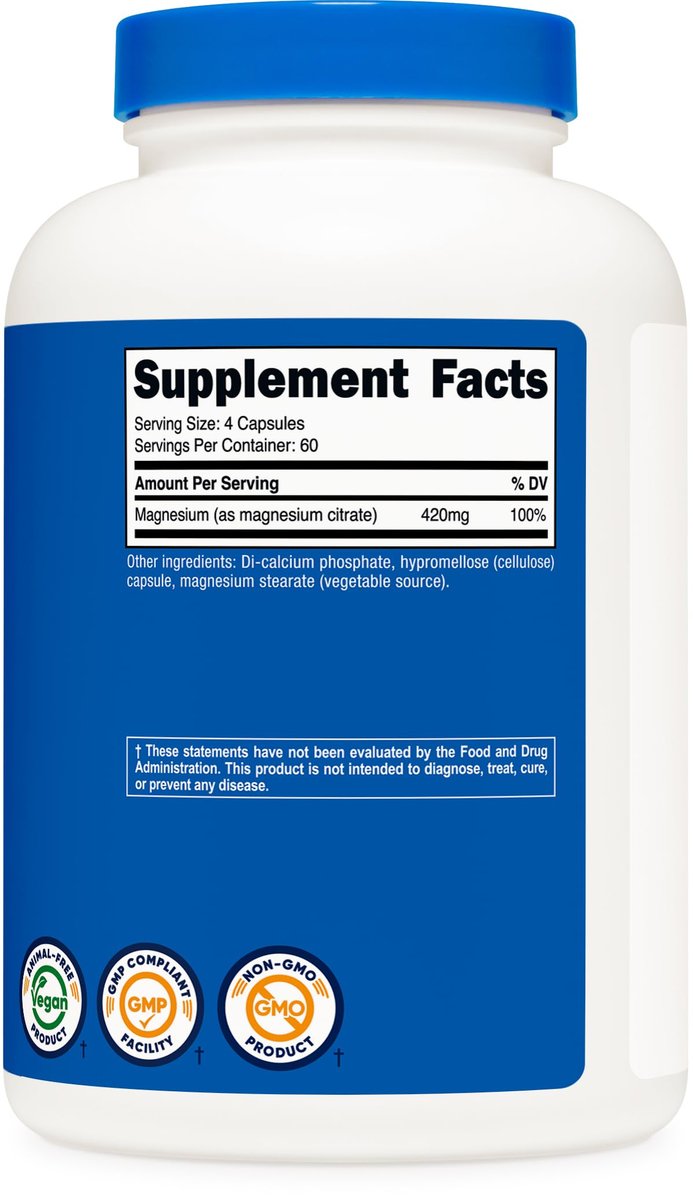 Nutricost Magnesium Citrat 420 mg – 240 vegane Kapseln, 60 Portionen, glutenfrei, Non-GMO, vegetarisch