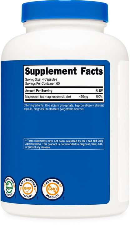Nutricost Magnesium Citrat 420 mg – 240 vegane Kapseln, 60 Portionen, glutenfrei, Non-GMO, vegetarisch
