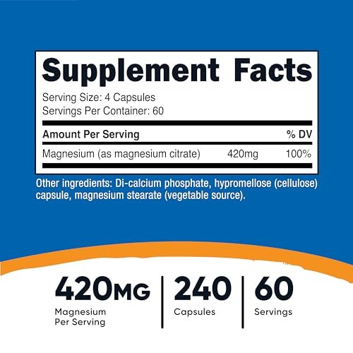Nutricost Magnesium Citrat 420 mg – 240 vegane Kapseln, 60 Portionen, glutenfrei, Non-GMO, vegetarisch