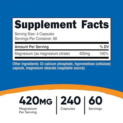 Nutricost Magnesium Citrat 420 mg – 240 vegane Kapseln, 60 Portionen, glutenfrei, Non-GMO, vegetarisch