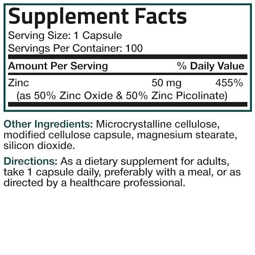 Bronson Zink 50mg Komplex – Hochdosiertes Immunsystem Unterstützung & Antioxidans für Hautgesundheit – Non GMO, 100 Vegane Kapseln
