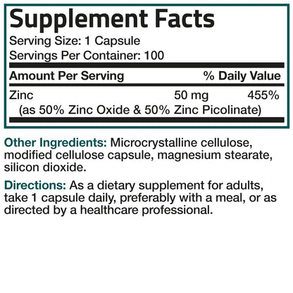Bronson Zink 50mg Komplex – Hochdosiertes Immunsystem Unterstützung & Antioxidans für Hautgesundheit – Non GMO, 100 Vegane Kapseln