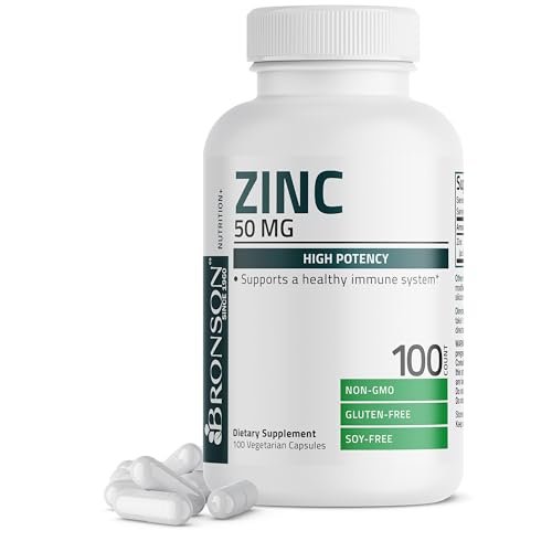 Bronson Zink 50mg Komplex – Hochdosiertes Immunsystem Unterstützung & Antioxidans für Hautgesundheit – Non GMO, 100 Vegane Kapseln