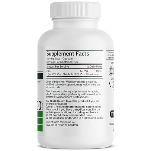 Bronson Zink 50mg Komplex – Hochdosiertes Immunsystem Unterstützung & Antioxidans für Hautgesundheit – Non GMO, 100 Vegane Kapseln