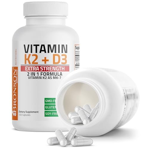Bronson Vitamin K2 (MK7) mit D3 Extra Stark – Nahrungsergänzung für Knochen- und Herzgesundheit – Nicht-GMO Formel – 10.000 IE Vitamin D3 & 120 mcg Vitamin K2 MK-7 – Leicht zu schluckende Kapseln, 120 Stück