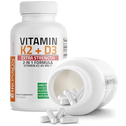 Bronson Vitamin K2 (MK7) mit D3 Extra Stark – Nahrungsergänzung für Knochen- und Herzgesundheit – Nicht-GMO Formel – 10.000 IE Vitamin D3 & 120 mcg Vitamin K2 MK-7 – Leicht zu schluckende Kapseln, 120 Stück