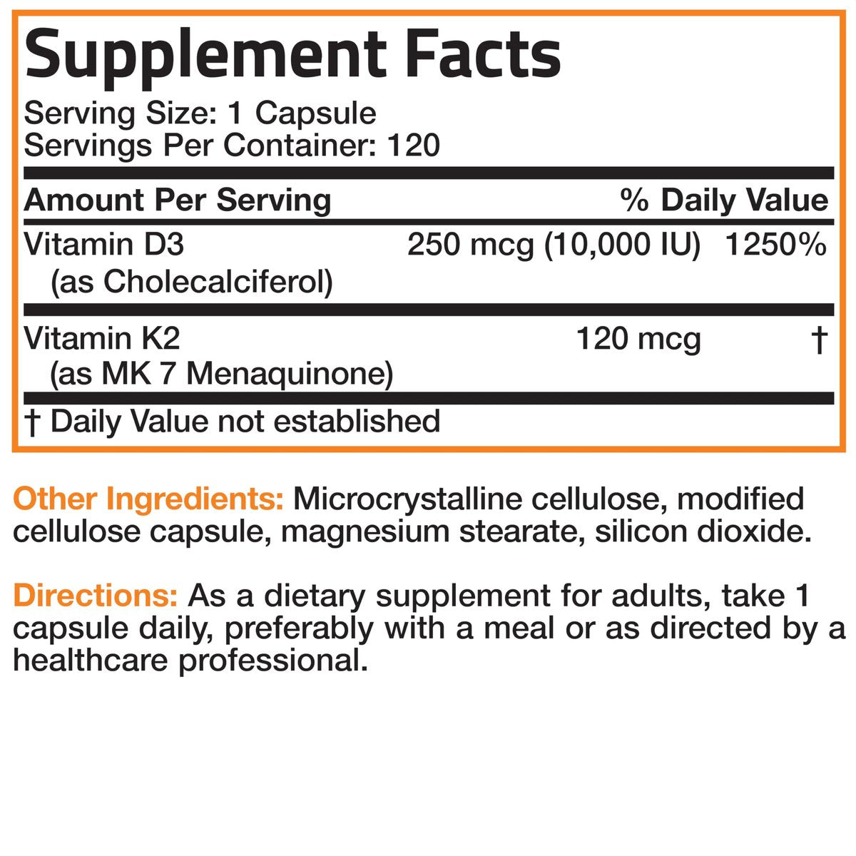 Bronson Vitamin K2 (MK7) mit D3 Extra Stark – Nahrungsergänzung für Knochen- und Herzgesundheit – Nicht-GMO Formel – 10.000 IE Vitamin D3 & 120 mcg Vitamin K2 MK-7 – Leicht zu schluckende Kapseln, 120 Stück
