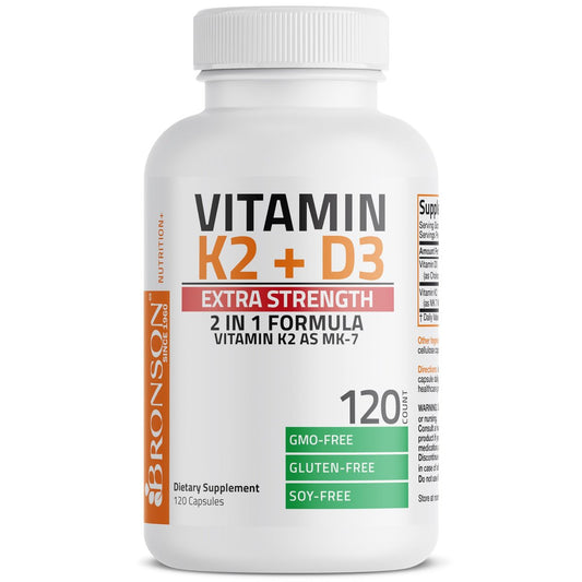 Bronson Vitamin K2 (MK7) mit D3 Extra Stark – Nahrungsergänzung für Knochen- und Herzgesundheit – Nicht-GMO Formel – 10.000 IE Vitamin D3 & 120 mcg Vitamin K2 MK-7 – Leicht zu schluckende Kapseln, 120 Stück