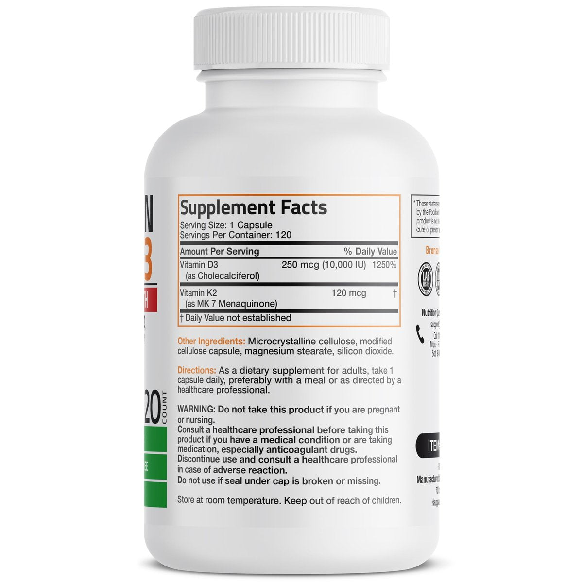 Bronson Vitamin K2 (MK7) mit D3 Extra Stark – Nahrungsergänzung für Knochen- und Herzgesundheit – Nicht-GMO Formel – 10.000 IE Vitamin D3 & 120 mcg Vitamin K2 MK-7 – Leicht zu schluckende Kapseln, 120 Stück