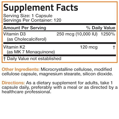 Bronson Vitamin K2 (MK7) mit D3 Extra Stark – Nahrungsergänzung für Knochen- und Herzgesundheit – Nicht-GMO Formel – 10.000 IE Vitamin D3 & 120 mcg Vitamin K2 MK-7 – Leicht zu schluckende Kapseln, 120 Stück