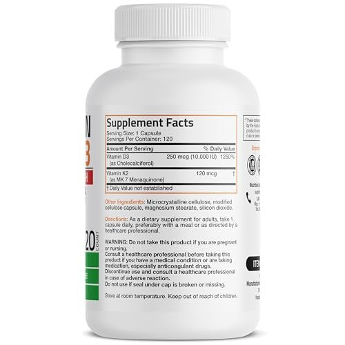 Bronson Vitamin K2 (MK7) mit D3 Extra Stark – Nahrungsergänzung für Knochen- und Herzgesundheit – Nicht-GMO Formel – 10.000 IE Vitamin D3 & 120 mcg Vitamin K2 MK-7 – Leicht zu schluckende Kapseln, 120 Stück