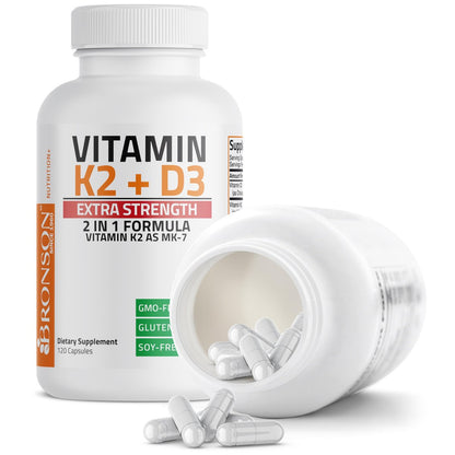 Bronson Vitamin K2 (MK7) mit D3 Extra Stark – Nahrungsergänzung für Knochen- und Herzgesundheit – Nicht-GMO Formel – 10.000 IE Vitamin D3 & 120 mcg Vitamin K2 MK-7 – Leicht zu schluckende Kapseln, 120 Stück