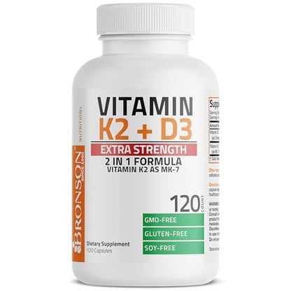 Bronson Vitamin K2 (MK7) mit D3 Extra Stark – Nahrungsergänzung für Knochen- und Herzgesundheit – Nicht-GMO Formel – 10.000 IE Vitamin D3 & 120 mcg Vitamin K2 MK-7 – Leicht zu schluckende Kapseln, 120 Stück