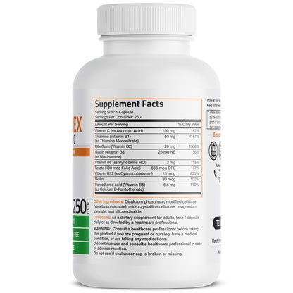 Bronson Vitamin B-Komplex mit Vitamin C - Immunsystem, Energie & Nervensystem - Non-GMO, 250 Kapseln