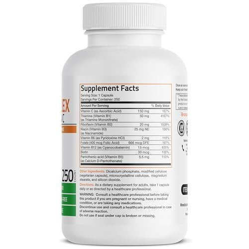 Bronson Vitamin B-Komplex mit Vitamin C - Immunsystem, Energie & Nervensystem - Non-GMO, 250 Kapseln