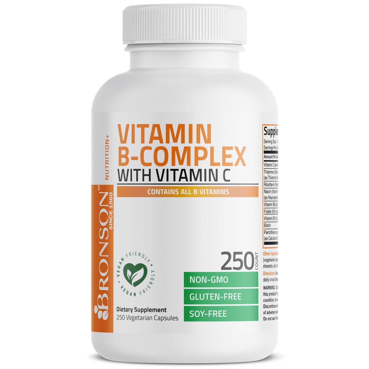 Bronson Vitamin B-Komplex mit Vitamin C - Immunsystem, Energie & Nervensystem - Non-GMO, 250 Kapseln