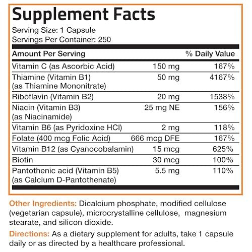 Bronson Vitamin B-Komplex mit Vitamin C - Immunsystem, Energie & Nervensystem - Non-GMO, 250 Kapseln