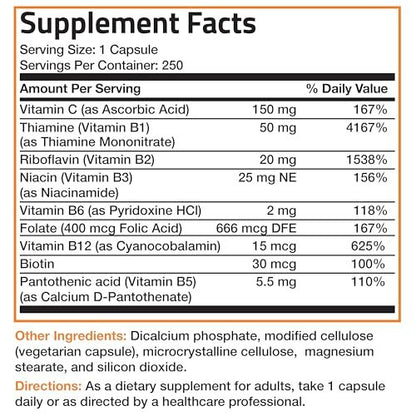 Bronson Vitamin B-Komplex mit Vitamin C - Immunsystem, Energie & Nervensystem - Non-GMO, 250 Kapseln