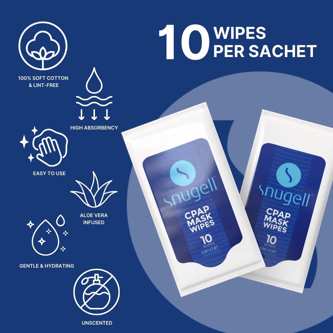 Snugell Duftfreie CPAP-Maskentücher für unterwegs – 12 Packungen mit je 10 Tüchern – 100 % weiche Baumwolle – Hautverträglich mit Aloe Vera – Fussel- und alkoholfrei – Perfekte Reinigung & Desinfektion für CPAP-Masken und Geräte unterwegs
