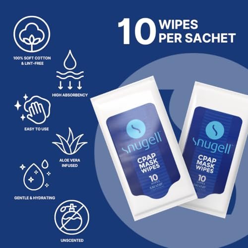 Snugell Duftfreie CPAP-Maskentücher für unterwegs – 12 Packungen mit je 10 Tüchern – 100 % weiche Baumwolle – Hautverträglich mit Aloe Vera – Fussel- und alkoholfrei – Perfekte Reinigung & Desinfektion für CPAP-Masken und Geräte unterwegs