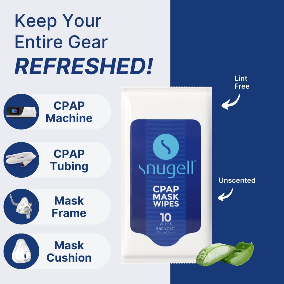 Snugell Duftfreie CPAP-Maskentücher für unterwegs – 12 Packungen mit je 10 Tüchern – 100 % weiche Baumwolle – Hautverträglich mit Aloe Vera – Fussel- und alkoholfrei – Perfekte Reinigung & Desinfektion für CPAP-Masken und Geräte unterwegs
