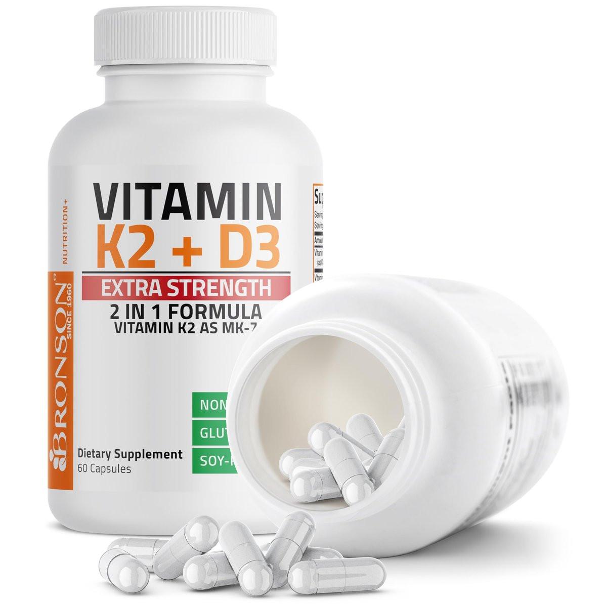 Bronson Vitamin K2 (MK7) mit D3 Extra Stärke Nahrungsergänzungsmittel für die Knochengesundheit, Non-GMO Formel, 10.000 IE & 120 mcg MK-7, leicht zu schlucken D K, 60 Kapseln