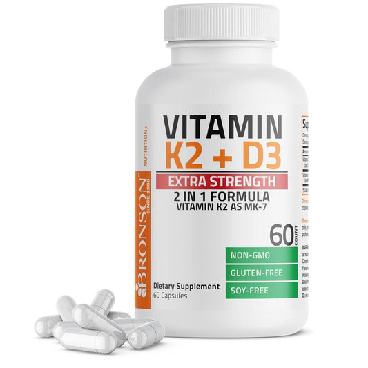 Bronson Vitamin K2 (MK7) mit D3 Extra Stärke Nahrungsergänzungsmittel für die Knochengesundheit, Non-GMO Formel, 10.000 IE & 120 mcg MK-7, leicht zu schlucken D K, 60 Kapseln