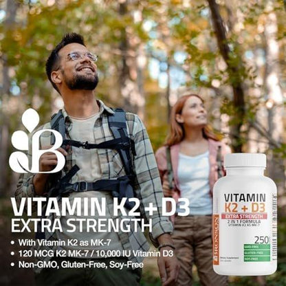 Bronson Vitamin K2 (MK7) mit D3 Extra Stärke Nahrungsergänzungsmittel für die Knochengesundheit, Non-GMO Formel, 10.000 IE & 120 mcg MK-7, leicht zu schlucken D K, 60 Kapseln