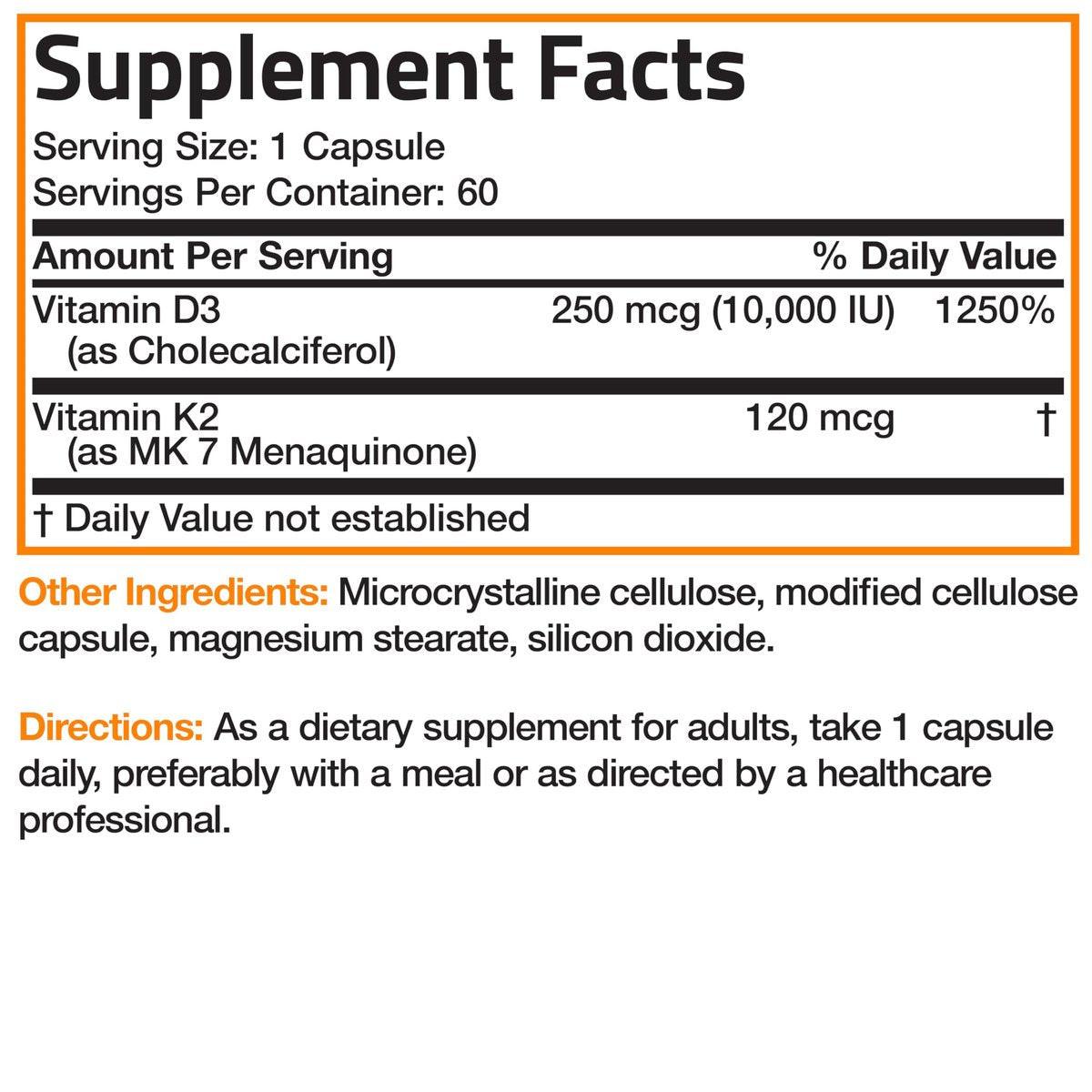 Bronson Vitamin K2 (MK7) mit D3 Extra Stärke Nahrungsergänzungsmittel für die Knochengesundheit, Non-GMO Formel, 10.000 IE & 120 mcg MK-7, leicht zu schlucken D K, 60 Kapseln