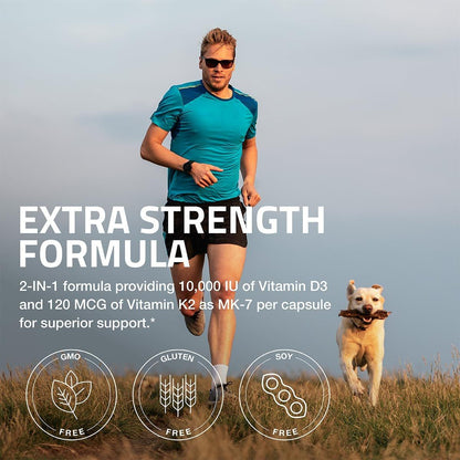 Bronson Vitamin K2 (MK7) mit D3 Extra Stärke Nahrungsergänzungsmittel für die Knochengesundheit, Non-GMO Formel, 10.000 IE & 120 mcg MK-7, leicht zu schlucken D K, 60 Kapseln