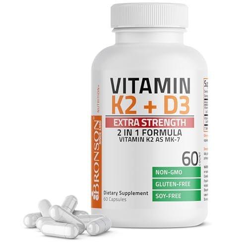 Bronson Vitamin K2 (MK7) mit D3 Extra Stärke Nahrungsergänzungsmittel für die Knochengesundheit, Non-GMO Formel, 10.000 IE & 120 mcg MK-7, leicht zu schlucken D K, 60 Kapseln