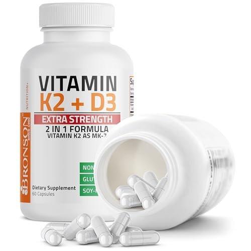 Bronson Vitamin K2 (MK7) mit D3 Extra Stärke Nahrungsergänzungsmittel für die Knochengesundheit, Non-GMO Formel, 10.000 IE & 120 mcg MK-7, leicht zu schlucken D K, 60 Kapseln