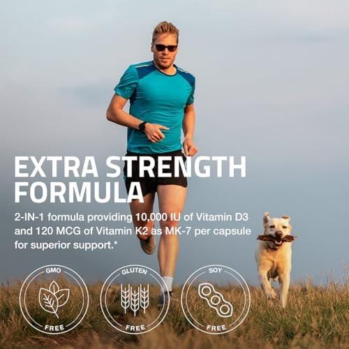 Bronson Vitamin K2 (MK7) mit D3 Extra Stärke Nahrungsergänzungsmittel für die Knochengesundheit, Non-GMO Formel, 10.000 IE & 120 mcg MK-7, leicht zu schlucken D K, 60 Kapseln