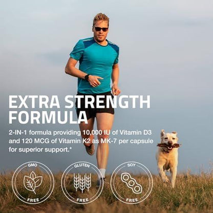 Bronson Vitamin K2 (MK7) mit D3 Extra Stärke Nahrungsergänzungsmittel für die Knochengesundheit, Non-GMO Formel, 10.000 IE & 120 mcg MK-7, leicht zu schlucken D K, 60 Kapseln