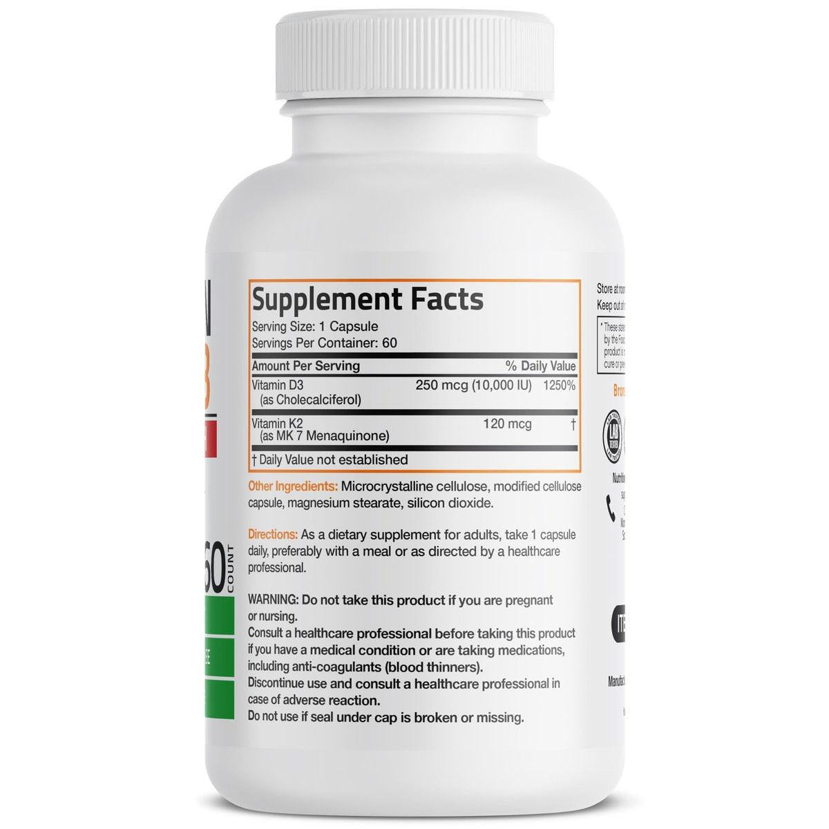 Bronson Vitamin K2 (MK7) mit D3 Extra Stärke Nahrungsergänzungsmittel für die Knochengesundheit, Non-GMO Formel, 10.000 IE & 120 mcg MK-7, leicht zu schlucken D K, 60 Kapseln