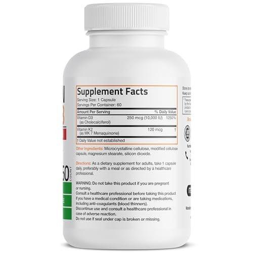 Bronson Vitamin K2 (MK7) mit D3 Extra Stärke Nahrungsergänzungsmittel für die Knochengesundheit, Non-GMO Formel, 10.000 IE & 120 mcg MK-7, leicht zu schlucken D K, 60 Kapseln